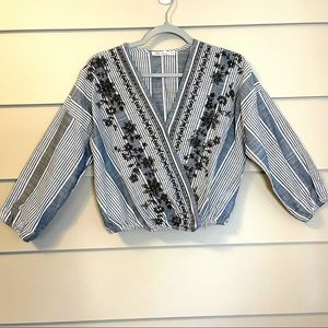 Anthropologie chloe & katie embroidered striped wrap front long sleeve crop top